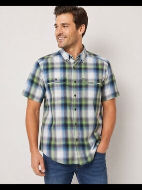 Wolverine Plaid Short Sleeve Button Down Shirt Men’s Large Navy Green Blue